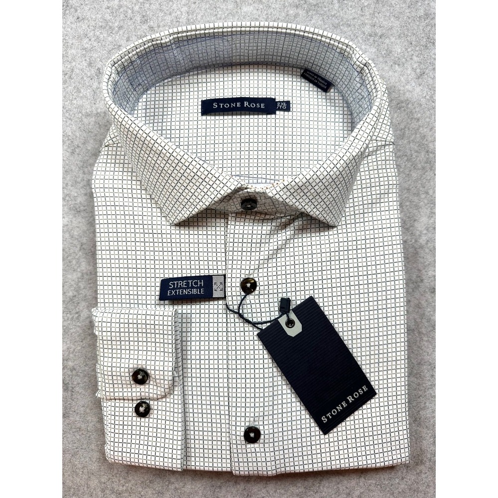 STONE ROSE Nova White Micro Check Long Sleeve Modern Dress Shirt Men's 2XL NEW